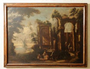 Par de paisagens com ruínas e personagens, atribuídas a Antonio Francesco Peruzzini, Ancona 1643 Milano 1724 cm 72 x 97